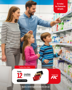 Hasta 12  cuotas sin intereses en Farmacias en todo el país.